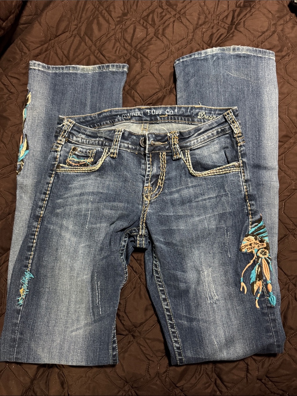 Cowgirl Tuff Blue Denim Jeans with Teal & Tan Embroidery